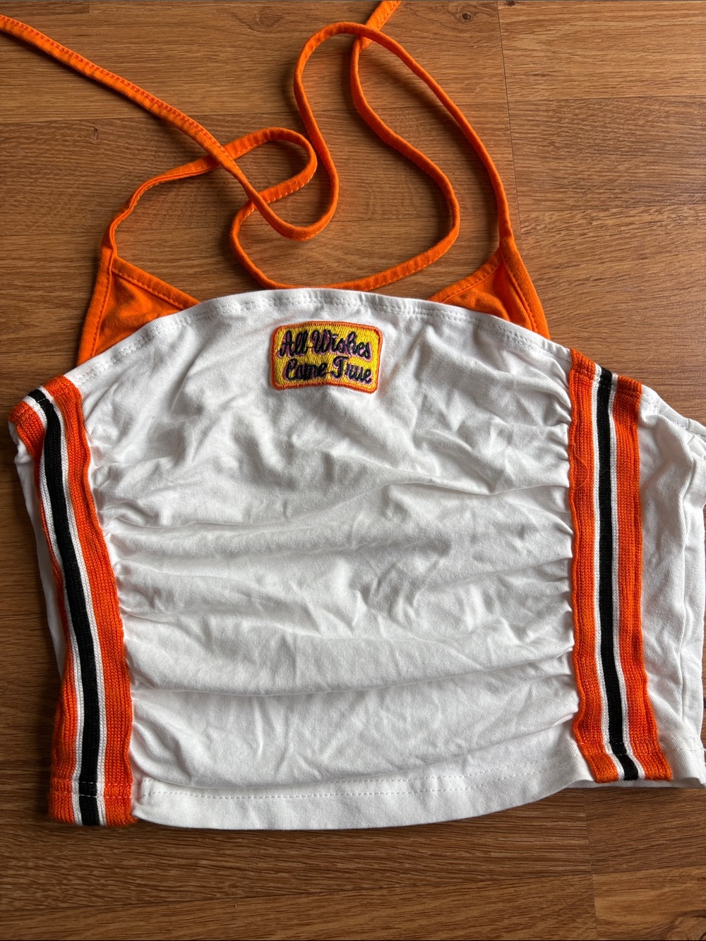 Amazon White Halter Crop Top with Orange Straps and Patch